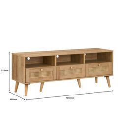 Swish Furniture Manila Oak & Rattan 3 Drawer Tv Unit Stand Cabinet Living Room Storage Furniture Media Unit - thumbnail 3