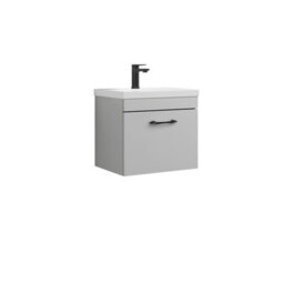 Rio 1 Drawer Wall Hung Vanity Basin Unit - 500mm - Gloss Grey Mist With Black D Handle (Tap Not Included) - Balterley