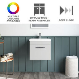Rio 1 Drawer Wall Hung Vanity Basin Unit - 500mm - Gloss Grey Mist With Black D Handle (Tap Not Included) - Balterley - thumbnail 6