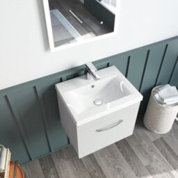 Rio 1 Drawer Wall Hung Vanity Basin Unit - 500mm - Gloss Grey Mist With Black D Handle (Tap Not Included) - Balterley - thumbnail 5