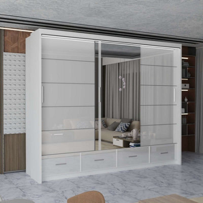 M N Furniture Ltd Wardrobe With Led Light Modern 2 Or 3 Sliding Doors-Mirrored Bedroom Cabinet With Drawers (White,255Cm) - image 1
