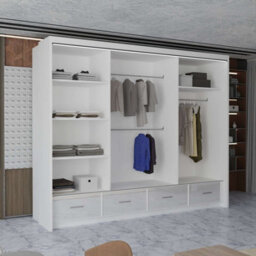 M N Furniture Ltd Wardrobe With Led Light Modern 2 Or 3 Sliding Doors-Mirrored Bedroom Cabinet With Drawers (White,255Cm) - thumbnail 3
