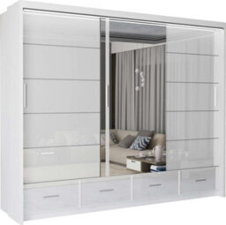 M N Furniture Ltd Wardrobe With Led Light Modern 2 Or 3 Sliding Doors-Mirrored Bedroom Cabinet With Drawers (White,255Cm) - thumbnail 2