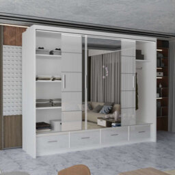 M N Furniture Ltd Wardrobe With Led Light Modern 2 Or 3 Sliding Doors-Mirrored Bedroom Cabinet With Drawers (White,255Cm) - thumbnail 4