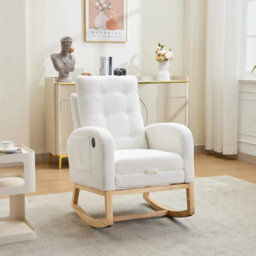 Abrihome White Boucle Rocking Chair 66.5X121.5X102Cm With Usb Port, Adjustable Footrest, Glider Armchair With Side Pocket For Nursery - thumbnail 6