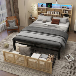 Btm 4Ft6 Wooden Bed 135X190 Cm, Double Bed With Charging Port, Led Headboard Storage, Rattan Drawer, Mdf+Iron, Wood - thumbnail 6