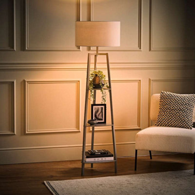 Valuelights Hiru Grey 3 Tier Shelf Floor Lamp With Grey Drum Shade And Bulb - image 1