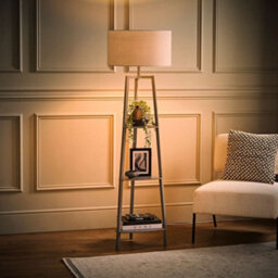 Valuelights Hiru Grey 3 Tier Shelf Floor Lamp With Grey Drum Shade And Bulb - thumbnail 1