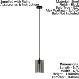 Stylish Black Pendant Ceiling Light With Smoked Glass Shade And E27 Bulb Holder - thumbnail 2
