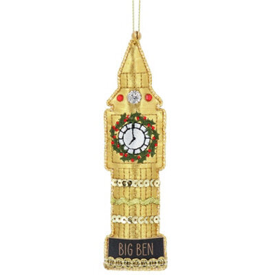 Gisela Graham Christmas Fabric Big Ben Tree Decoration - Gold Fabric Hanging Ornament, 13 X 3.5 Cm, Gloss Finish