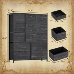 Charcoal Black Tall 15 Drawer Dresser Bedroom Storage Chest Organizer - thumbnail 2