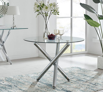 Furniturebox Selina 100Cm 2 4 Seater Round Glass Dining Table With Nested Starburst Square Silver Chrome Metal Legs - image 1