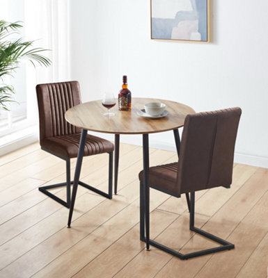 Hallowood Furniture Cullompton Small Round Dining Table 90Cm Oak Effect Top With 2 Brown Leather Effect Chairs - image 1