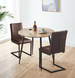 Hallowood Furniture Cullompton Small Round Dining Table 90Cm Oak Effect Top With 2 Brown Leather Effect Chairs