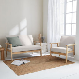 Sweeek - Armchair And 2-Seater Sofa In Hevea Wood Isak Set Beige 114X69.5X73 Cm - thumbnail 3