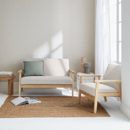 Sweeek - Armchair And 2-Seater Sofa In Hevea Wood Isak Set Beige 114X69.5X73 Cm - thumbnail 2