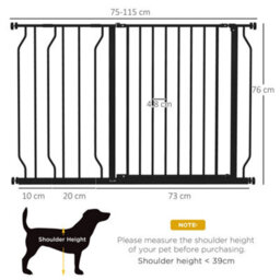 Pawhut Dog Gate Wide Stair Gate W/ Door Pressure Fit, 75-115W Cm, Black - thumbnail 3