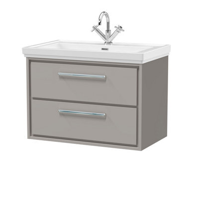Balterley Longnor Modern Wall Hung 2-Drawer Bathroom Vanity Unit With Fireclay Basin, Pebble Grey, 800mm - image 1