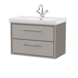 Balterley Longnor Modern Wall Hung 2-Drawer Bathroom Vanity Unit With Fireclay Basin, Pebble Grey, 800mm - thumbnail 1