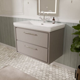 Balterley Longnor Modern Wall Hung 2-Drawer Bathroom Vanity Unit With Fireclay Basin, Pebble Grey, 800mm - thumbnail 4