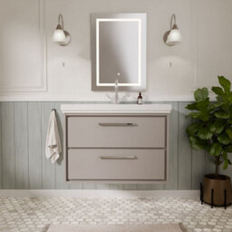 Balterley Longnor Modern Wall Hung 2-Drawer Bathroom Vanity Unit With Fireclay Basin, Pebble Grey, 800mm - thumbnail 2
