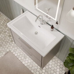Balterley Longnor Modern Wall Hung 2-Drawer Bathroom Vanity Unit With Fireclay Basin, Pebble Grey, 800mm - thumbnail 3