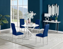 Furniturebox Uk Novara White High Gloss Round Dining Table & 4 Navy Velvet Milan Chairs - thumbnail 1