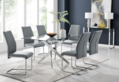 Furniturebox Uk Leonardo Glass And Chrome Metal Dining Table And 6 Elephant Grey Lorenzo Leather Chairs - image 1