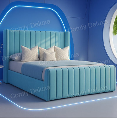 Comfy Deluxe Sky Blue Lumicloud Wing Plush 5Ft Kingsize Bed Frame With 54Inch Headboard Solid Base