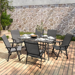 Living And Home Set Of 7 Black Garden Ripple Glass Rectangle Umbrella Table And Folding Chairs Set 150 Cm - thumbnail 3