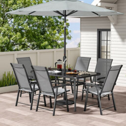 Living And Home Set Of 7 Black Garden Ripple Glass Rectangle Umbrella Table And Folding Chairs Set 150 Cm - thumbnail 2