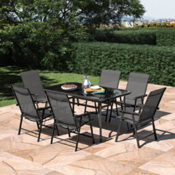 Living And Home Set Of 7 Black Garden Ripple Glass Rectangle Umbrella Table And Folding Chairs Set 150 Cm - thumbnail 1