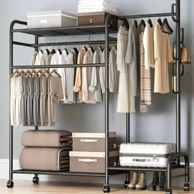 Modcraft Heavy Duty Double Clothes Rail Rack With Wheels & Storage Shelves - image 1