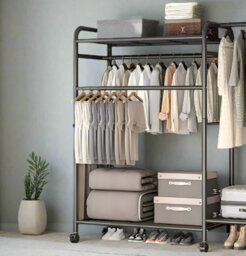 Modcraft Heavy Duty Double Clothes Rail Rack With Wheels & Storage Shelves - thumbnail 2