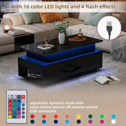 Btm Lift Top High Gloss Coffee Table With Drawer And Led Lights Black - thumbnail 8