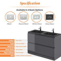 Plum&clay Marvel Gloss Dark Grey Floor Standing Bathroom Vanity Unit With Grey Glass Basin (W)1200mm - thumbnail 4