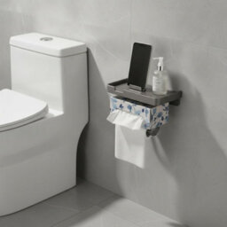 CLEFFNS Wall Mounted Toilet Paper Holder With Shelf, Aluminum, Punch Free, Gray, Space Saving Roll Rack For Bathroom - thumbnail 5