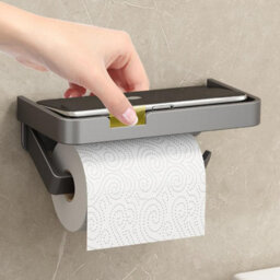 CLEFFNS Wall Mounted Toilet Paper Holder With Shelf, Aluminum, Punch Free, Gray, Space Saving Roll Rack For Bathroom - thumbnail 2