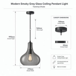 Modern Smoky Grey Glass Ceiling Pendant Light - Teardrop Shade - thumbnail 3