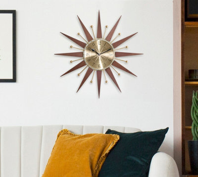 Acctim Wolcott Large Wall Clock Sunburst Quartz Mid-Century Metal & Wooden Spoke Dark Wood 50Cm - image 1