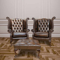 Chesterfield Pair High Back Wing Chair + Footstool Antique Brown Leather In Queen Anne Style - thumbnail 1