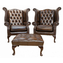 Chesterfield Pair High Back Wing Chair + Footstool Antique Brown Leather In Queen Anne Style - thumbnail 2