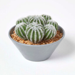 Homescapes Artificial Green Handcrafted Barrel Cactus Arrangement In Round Grey Pot, 17 Cm