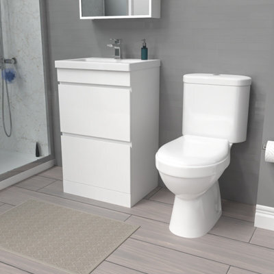 Nes Home 500mm White 2 Drawers Basin Vanity Unit & Close Coupled Toilet Set - image 1