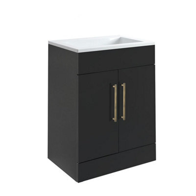Homestylestore 600mm Black Grey Floorstanding Bathroom Vanity Unit And Aged Gold T Bar Handle - image 1