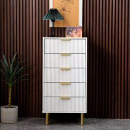 MMT Funiture Designs White Gloss Chest Of Drawers, Gold Handles & Legs, 5 Drawer - thumbnail 3