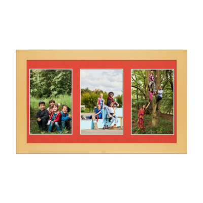 AK Frames 40X20Cm Mustard Yellow Modern Multi Photo Frame With Poppy Red Mount - Holds 3 Apertures (3X) 6X4 Photos - image 1