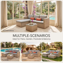 Evre Natural 3 Seater Rattan Garden Furniture Set  Outdoor Sofa With Ottoman, Coffee Table & Cushions - thumbnail 6