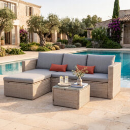 Evre Natural 3 Seater Rattan Garden Furniture Set  Outdoor Sofa With Ottoman, Coffee Table & Cushions