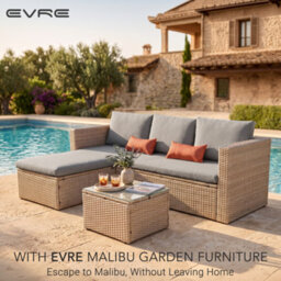 Evre Natural 3 Seater Rattan Garden Furniture Set  Outdoor Sofa With Ottoman, Coffee Table & Cushions - thumbnail 2